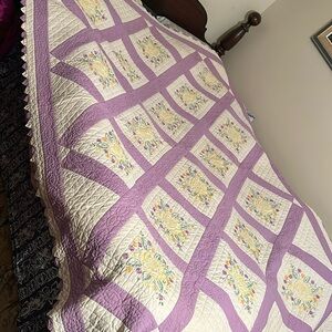 Homemade hand cross stitched floral quilt, 84”x65”